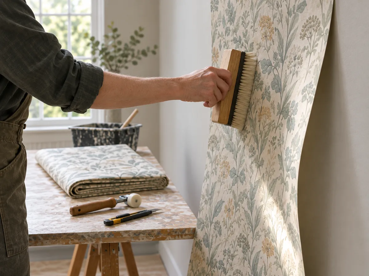 A length of patterned wallpaper being smoothed onto a wall with a paperhanging brush